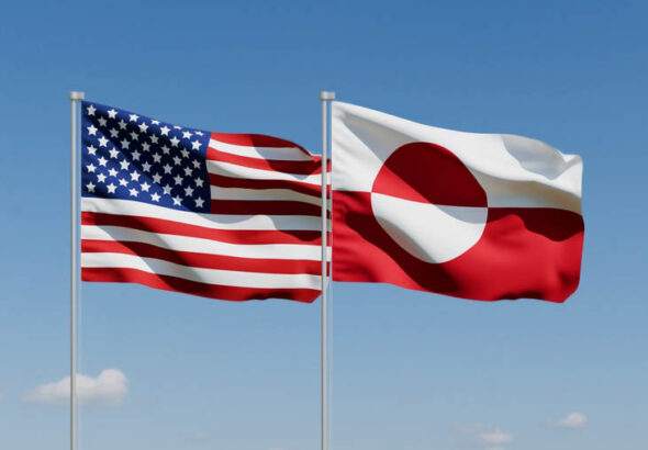 Wavy,Usa,And,Greenland,Flags,And,Clear,Blue,Sky